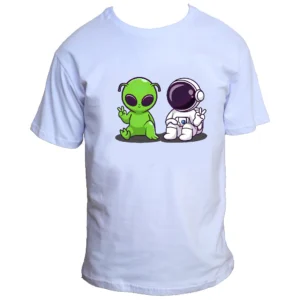Camiseta 100% Algodão - Estampada - Astronauta e Alien - Humano - Universo - Planetas - Nave - Nasa